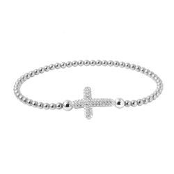 Sterling Silver Rhodium Plated Beaded Italian Bracelet With CZ Encrusted Cross - ITB00196RH