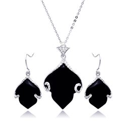 Sterling Silver Rhodium Plated Black Onyx Leaf Clear CZ Hook Earring & Dangling Necklace Set bgs0022