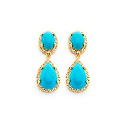 Sterling Silver Gold Rhodium Plated Round CZ Turquoise Teardrop Round Dangling Earring bge00351