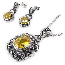 Sterling Silver Oxydized Rhodium Plated Yellow CZ Dangling Earring & Necklace Set sts00010y