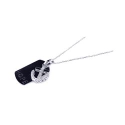 Sterling Silver Rhodium Plated Clear CZ Anchor Black Dogtag Pendant Necklace stp00754