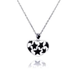 Sterling Silver Black Rhodium & Rhodium Plated Star Heart CZ Necklace bgp00183