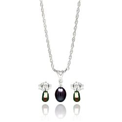 Sterling Silver Rhodium Plated Open Small Black Pearl CZ Dangling Stud Earring & Necklace Set sts004