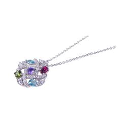 Sterling Silver Rhodium Plated Colorful Stones Pendant Necklace stp00685