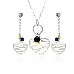 Sterling Silver Rhodium Plated Open Zebra Stripe Heart Pearl Black CZ Dangling Stud Earring & Dangli