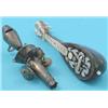 Image 1 : An early 19th century rattle with 5 bells (of 8) and whistle, together with a tortoiseshell minia...