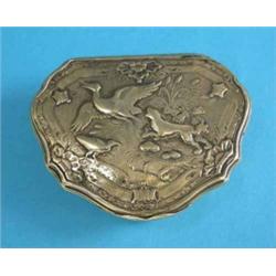 A mid 18th century Continental gold snuff box, cartouche shaped and decorated with a hound chasin...
