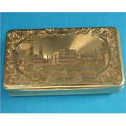 A Continental 18k gold snuff box, of rectangular form engraved with a Venetian view, flowers and...
