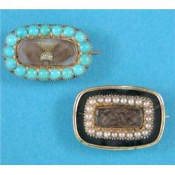 A Regency gold, black enamel and seed pearl memorial brooch, together with a similar gold and tur...