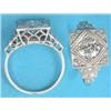 Image 1 : A platinum and diamond ring, the square bezel millegrain set with a central old brilliant cut dia...