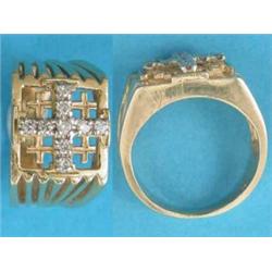 An 18ct gold ring, the square bezel decorated with a diamond set Greek cross, open reeded shoulde...
