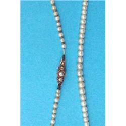 A single row seed pearl necklace with gold, pearl and diamond set clasp, (cased). 15ins....