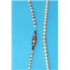 Image 1 : A single row seed pearl necklace with gold, pearl and diamond set clasp, (cased). 15ins....