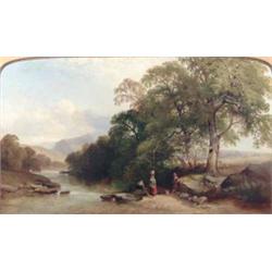 Henry John Boddington (1811-1865) oil on canvas, Extensive landscape with children beside a strea...