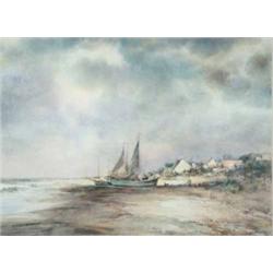 Edward Seago (1910-1974) watercolour, Beached fishing boats on the Norfolk coast, signed, 11 x 15...