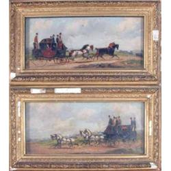 19th C. English School pair of oils on board, Coaching scenes, 4 x 8.75 ins....