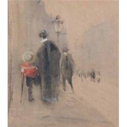 William Walcot (1874-1943) watercolour, Figures on a London Street, signed in pencil, 9 x 8 ins....