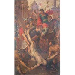 17th C. Flemish School oil on wooden panel, The Crucifixion of St Paul, the beheading of another...