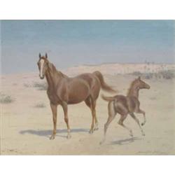 Harrington Bird (1846-1936) watercolour, Arab mare and foal, a Bedouin encampment beyond, signed,...
