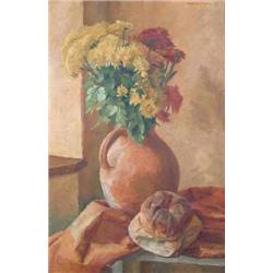 Leslie Davenport (1905-) oil on canvas, Still life of flowers in a jug and a loaf of bread, signe...