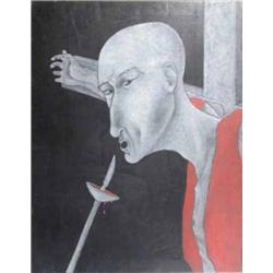 Hibbert unframed oil on canvas, Christ on the cross, signed and dated '63, 36 x 28 ins....