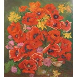 Denby Sweetley (20th C.) near pair of oils on wooden panels, Birds amongst poppies, sunflowers an...