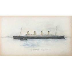 Irish School ink and colour pencil, "The Titanic at Queenstown", 12 x 21 ins....