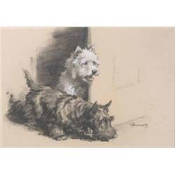 C Aubrey charcoal and chalk, "What Is It?"; two terriers, signed, 7 x 10 ins....