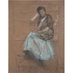 Walter Greaves (1846-1930) coloured chalk on brown paper, Lady seated wearing a blue dress, signe...