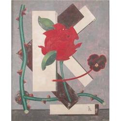 Edward Wadsworth (1889-1949) oil on canvas, Mural design, a red rose and letters forming the word...