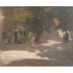 Mark Senior (1864-1927) unframed oil on canvas, Figures in a village square, signed and dated 190...