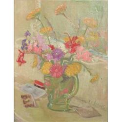 Miss J G Johnson oil on canvas, Still life of flowers in a jug, signed, 18 x 14 ins....
