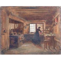 Moritz Ludvig Von Schwind (1804-1871) Austrian unframed oil on canvas, Cottage kitchen interior,...