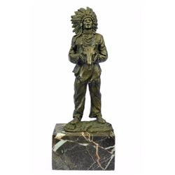 Indian With Feathered Headdress Holding An Ox Head Bronze Sculpture