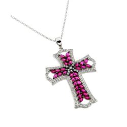 Sterling Silver Rhodium Plated Clear and Pink Red CZ Stone Cross in Black Pendant Necklace - BGP0084