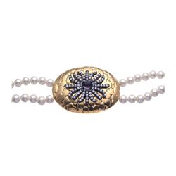 Sterling Silver Black Rhodium & Gold Plated Oval Pearl Strands Purple Center Clear CZ Bracelet stb00