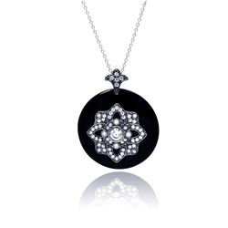 Sterling Silver Black Rhodium Plated Clear CZ Black Synthetic Pendant Necklace stp01127blk