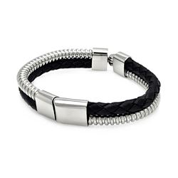 Stainless Steel Black Leather Bracelet slb00020
