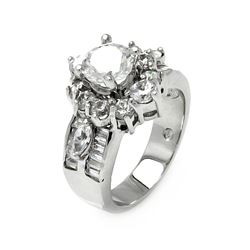 Rhodium Plated Brass Flower Round & Baguette Clear CZ Bridal Ring bbr00079