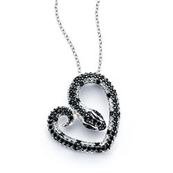 Sterling Silver Rhodium Plated Snake Heart Black & Clear CZ Necklace bgp00804