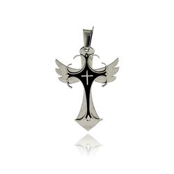 Stainless Steel Black Rhodium Plated Two Tone Winged Cross Charm Pendant ssp00192