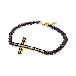 Sterling Silver Gold & Black Plated Sideways Cross CZ Amethyst Beads Bracelet bgb00090
