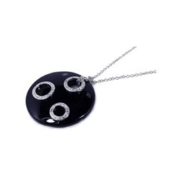 Sterling Silver Clear CZ Black Onyx Rhodium Plated Circle Disc Pendant Necklace bgp00122