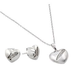 Sterling Silver Rhodium Plated Clear Heart Slash CZ Stud Earring & Necklace Set BGS00435