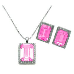Sterling Silver Rhodium Plated Rectangle Pink CZ Stud Earring & Necklace Set sts00275pnk