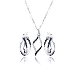 Sterling Silver Rhodium & Black Rhodium Plated Black & Clear Open Wave CZ Hoop Earring & Dangling Ne