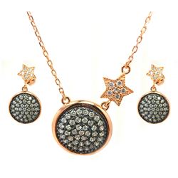 Sterling Silver Black Rhodium & Gold Plated Clear Round Disc Star CZ Dangling Stud Earring & Necklac