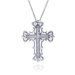 Sterling Silver Clear CZ Rhodium Plated Fancy Cross Pendant Necklace stp00231