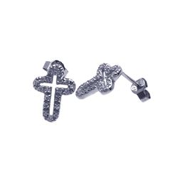 Sterling Silver Rhodium Open Cross Plated Clear CZ Stud Earring stem023