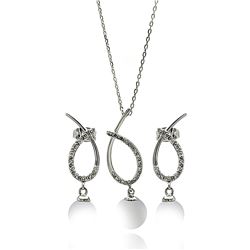 Sterling Silver Rhodium Plated Clear Open Overlap Oval Teardrop Pearl CZ Hanging Stud Earring & Hang